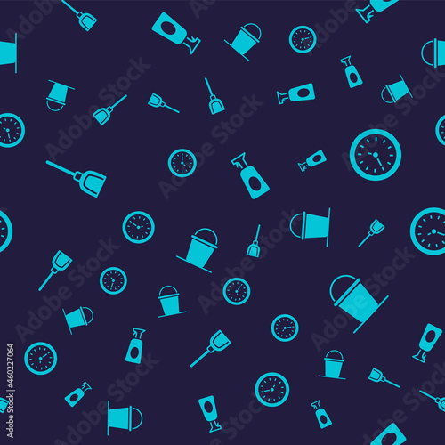 Set Dustpan, Clock, Cleaning spray with detergent and Bucket on seamless pattern. Vector