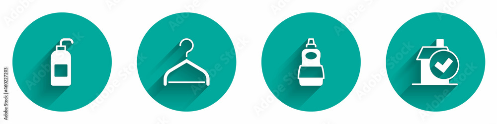 Set Antibacterial soap, Hanger wardrobe, Dishwashing liquid bottle and Home cleaning service icon with long shadow. Vector Set Antibacterial soap, Hanger wardrobe, Dishwashing liquid bottle and Home cleaning service icon with long shadow. Vector