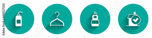 Set Antibacterial soap, Hanger wardrobe, Dishwashing liquid bottle and Home cleaning service icon with long shadow. Vector