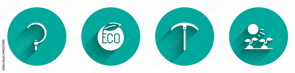 Set Sickle, Eco healthy food, Pickaxe and Plant sprouts grow in the sun icon with long shadow. Vector Set Sickle, Eco healthy food, Pickaxe and Plant sprouts grow in the sun icon with long shadow. Vector