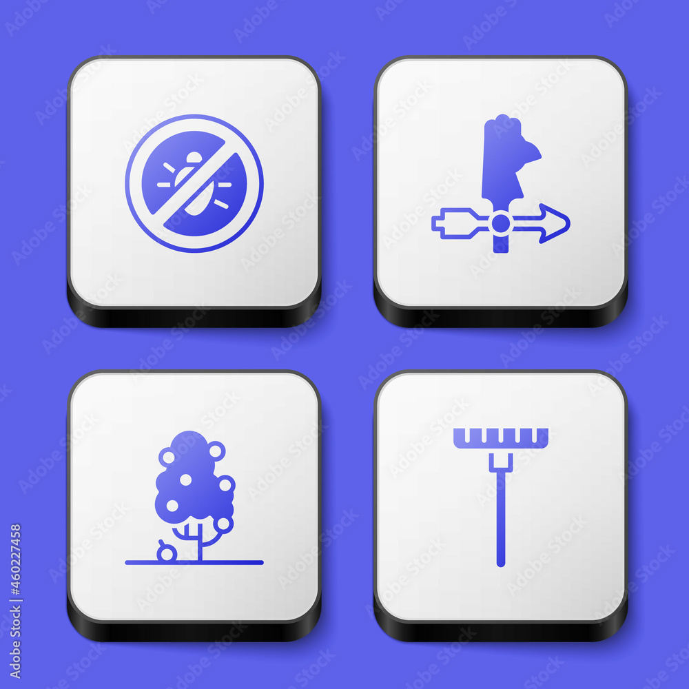 Set Stop colorado beetle, Rooster weather vane, Fruit tree and Garden rake icon. White square button. Vector Set Stop colorado beetle, Rooster weather vane, Fruit tree and Garden rake icon. White square button. Vector