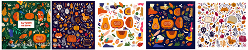 Collection of autumn illustrations with pumpkins, leaves, forest animals and halloween symbols	