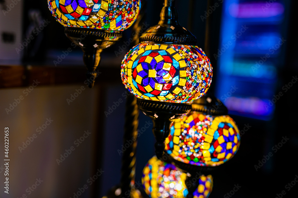 Middle Eastern style beautiful Arabic mosaic lanterns close up