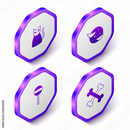 Set Isometric Black cat, Moon and stars, Lollipop and Crossed bones icon. Purple hexagon button. Vector
