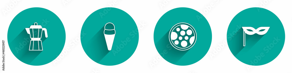 Set Coffee maker moca pot, Ice cream in waffle, Pizza and Carnival mask icon with long shadow. Vector Set Coffee maker moca pot, Ice cream in waffle, Pizza and Carnival mask icon with long shadow. Vector