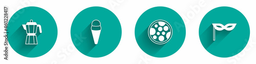 Set Coffee maker moca pot, Ice cream in waffle, Pizza and Carnival mask icon with long shadow. Vector