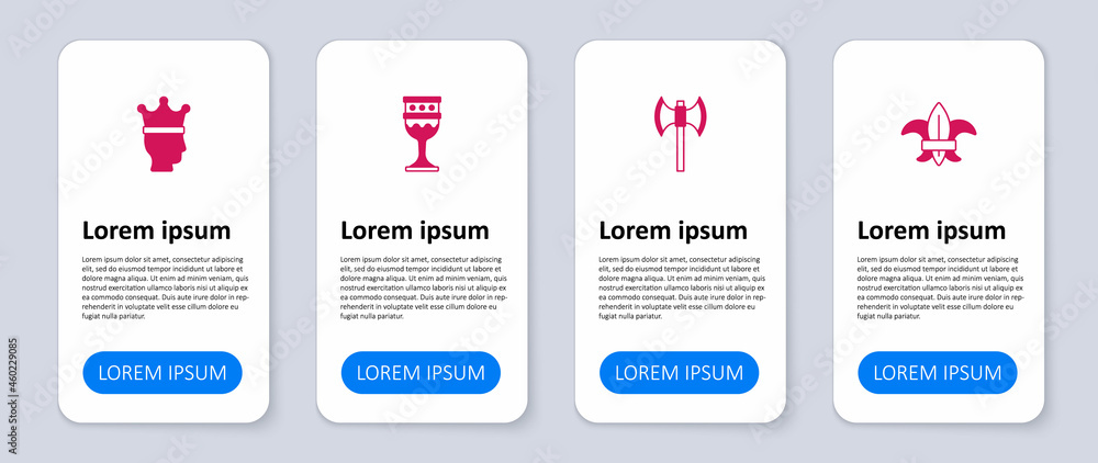 Set Fleur de lys or lily flower, Medieval poleaxe, goblet and King crown. Business infographic template. Vector Set Fleur de lys or lily flower, Medieval poleaxe, goblet and King crown. Business infographic template. Vector