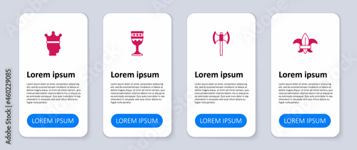Set Fleur de lys or lily flower, Medieval poleaxe, goblet and King crown. Business infographic template. Vector