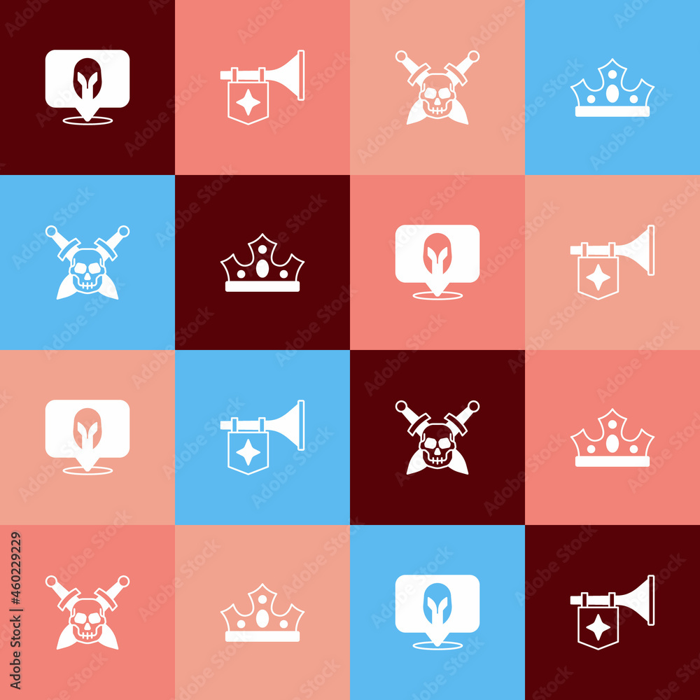 Set pop art Medieval helmet, Trumpet with flag, Skull sword and King crown icon. Vector Set pop art Medieval helmet, Trumpet with flag, Skull sword and King crown icon. Vector