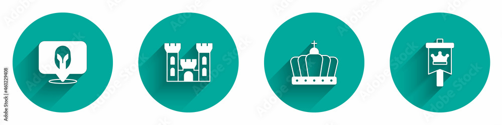 Set Medieval helmet, Castle, King crown and flag icon with long shadow. Vector Set Medieval helmet, Castle, King crown and flag icon with long shadow. Vector