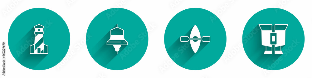 Set Lighthouse, Ship bell, Kayak and paddle and Binoculars icon with long shadow. Vector Set Lighthouse, Ship bell, Kayak and paddle and Binoculars icon with long shadow. Vector