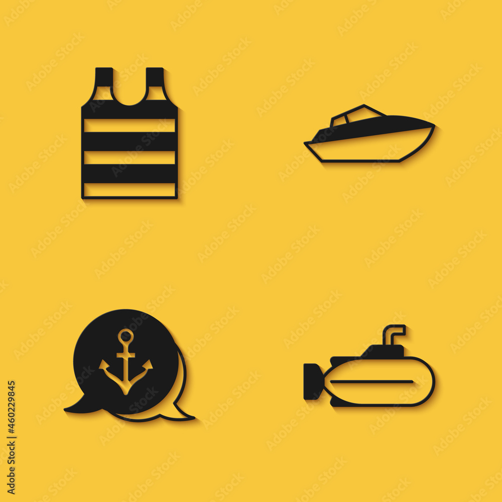 Set Striped sailor t-shirt, Submarine, Anchor and Speedboat icon with long shadow. Vector Set Striped sailor t-shirt, Submarine, Anchor and Speedboat icon with long shadow. Vector