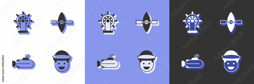 Set Sailor, Ship steering wheel, Submarine and Kayak and paddle icon. Vector