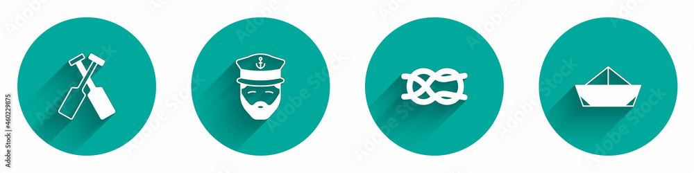Set Crossed oars or paddles boat, Captain of ship, Nautical rope knots and Folded paper icon with long shadow. Vector