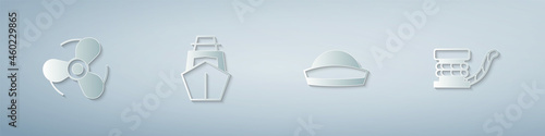 Set Boat propeller, Yacht sailboat, Sailor hat and Marine bollard with. Paper art style. Vector