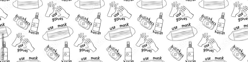 Plakat Seamless pattern with Medical personal protective equipment against coronavirus. Face mask, antiseptic, gloves with letterings. Vector outline background and texture in flat doodle style isolated.