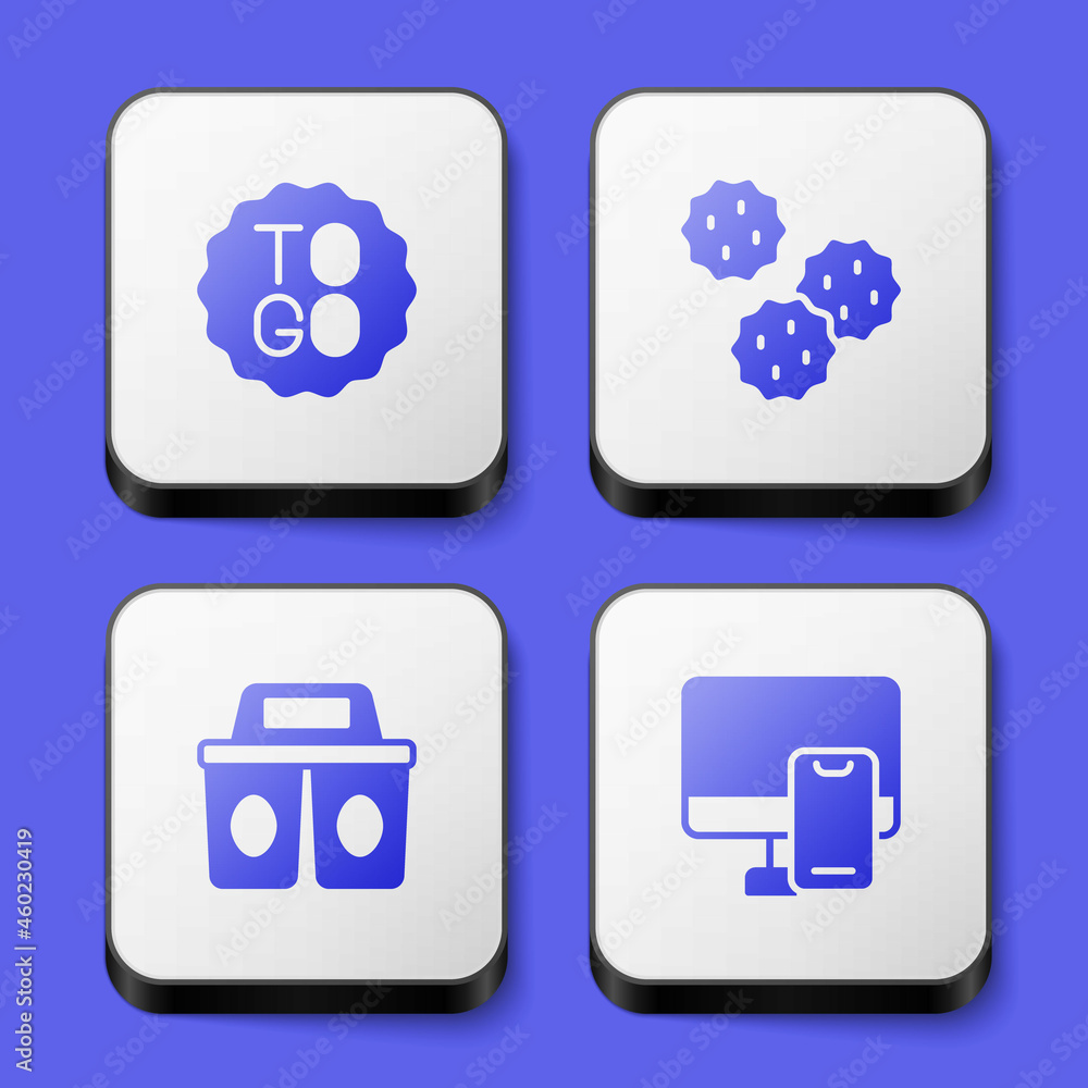 Set Coffee cup to go, Cookie or biscuit, and Online ordering food icon. White square button. Vector Set Coffee cup to go, Cookie or biscuit, and Online ordering food icon. White square button. Vector