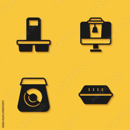 Set Coffee cup to go, Lunch box, Online ordering food and icon with long shadow. Vector
