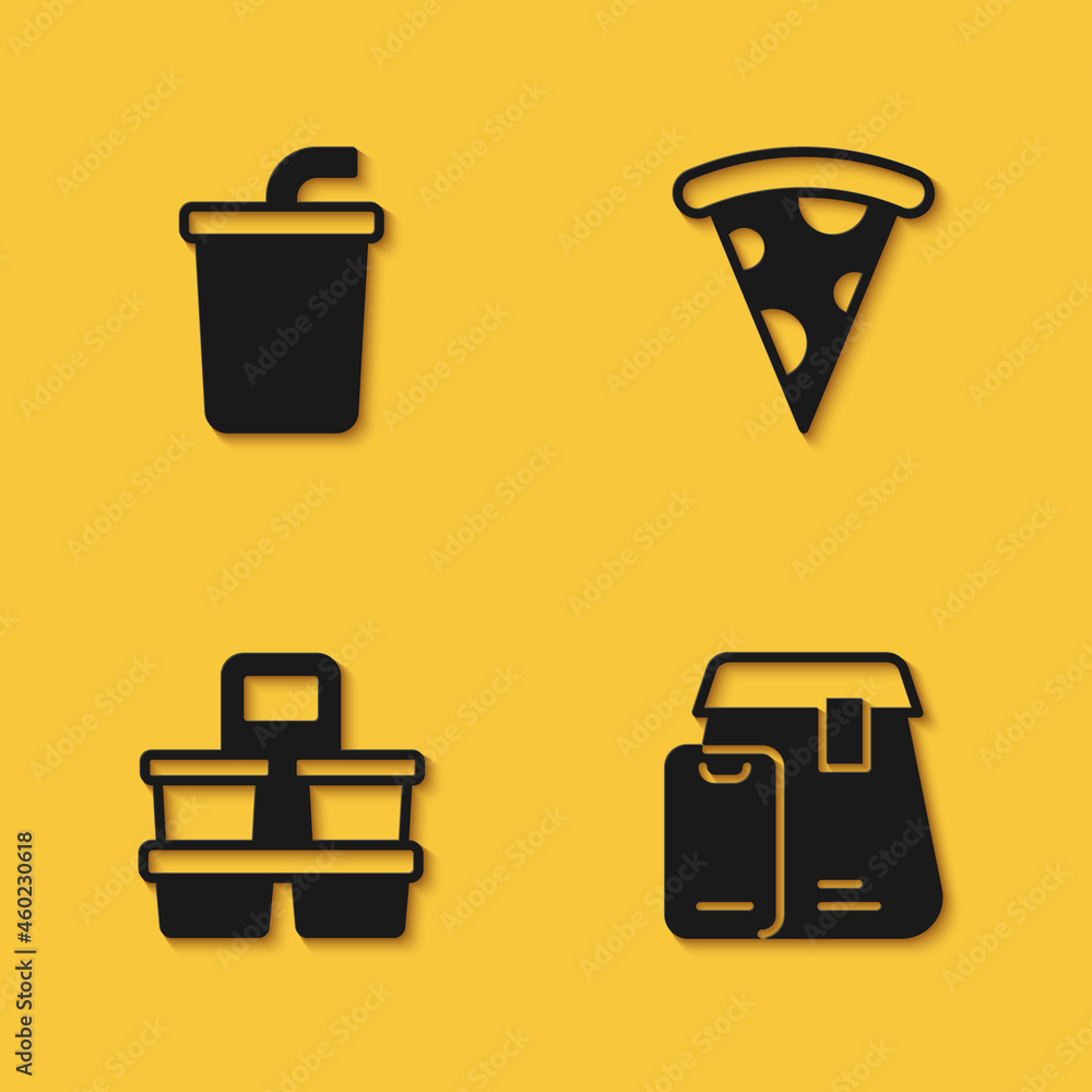 Set Paper glass with water, Online ordering food, Coffee cup to go and Slice pizza icon with long shadow. Vector Set Paper glass with water, Online ordering food, Coffee cup to go and Slice pizza icon with long shadow. Vector