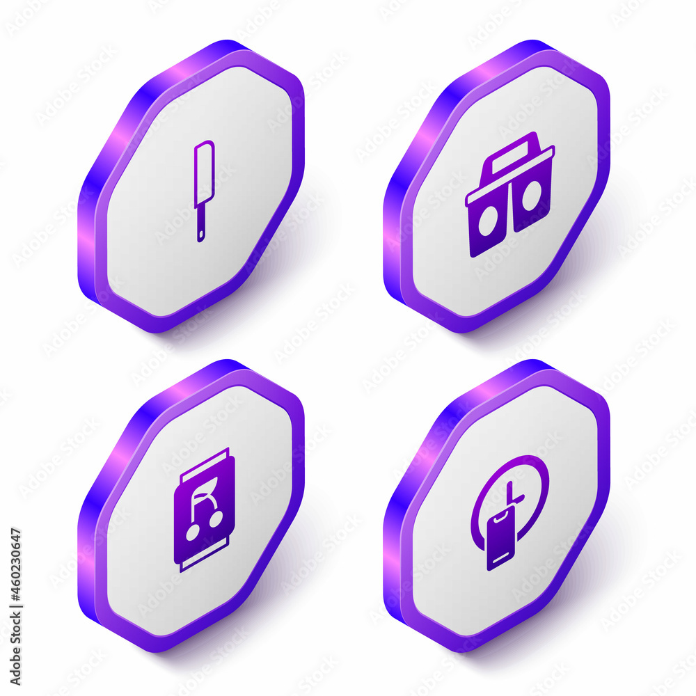 Set Isometric Knife, Coffee cup to go, Soda can and Round the clock delivery icon. Purple hexagon button. Vector Set Isometric Knife, Coffee cup to go, Soda can and Round the clock delivery icon. Purple hexagon button. Vector