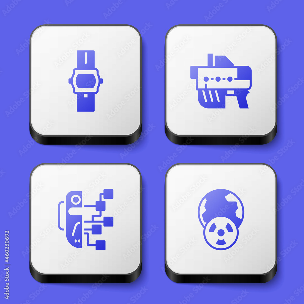 Set Wrist watch, Futuristic weapon, Humanoid robot and Planet earth and radiation icon. White square button. Vector Set Wrist watch, Futuristic weapon, Humanoid robot and Planet earth and radiation icon. White square button. Vector