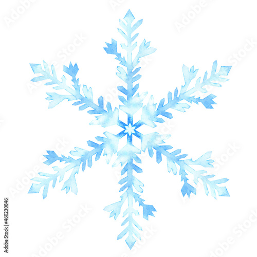 Watercolor hand drawn snowflake isolated on white background. 