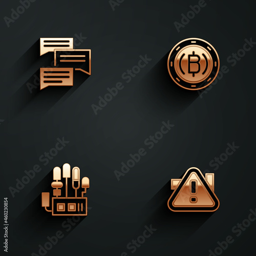 Set Speech bubble chat, Cryptocurrency coin Bitcoin, Mechanical robot hand and Exclamation mark triangle icon with long shadow. Vector
