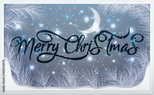 Merry Christmas and New year banner,  lettering on the icy window . vector illustration