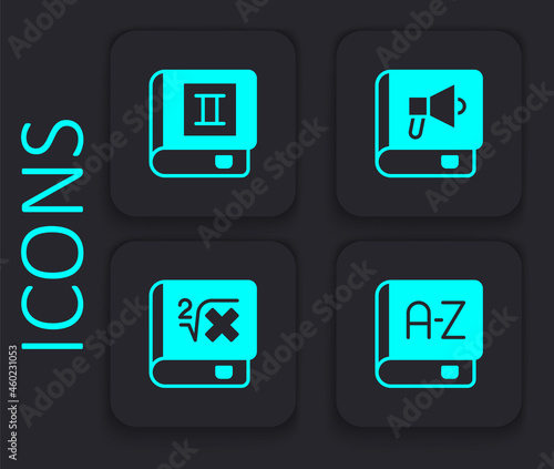 Set Translator book, Book, and with mathematics icon. Black square button. Vector