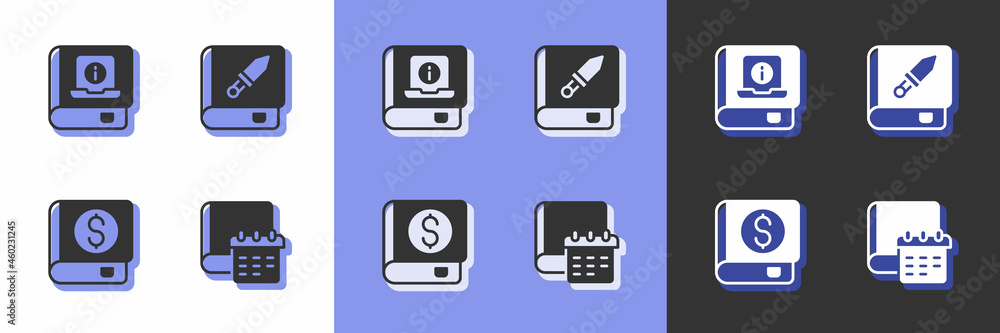 Set Daily paper notepad, User manual, Financial book and Book about weapon icon. Vector Set Daily paper notepad, User manual, Financial book and Book about weapon icon. Vector