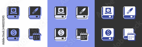 Set Daily paper notepad, User manual, Financial book and Book about weapon icon. Vector