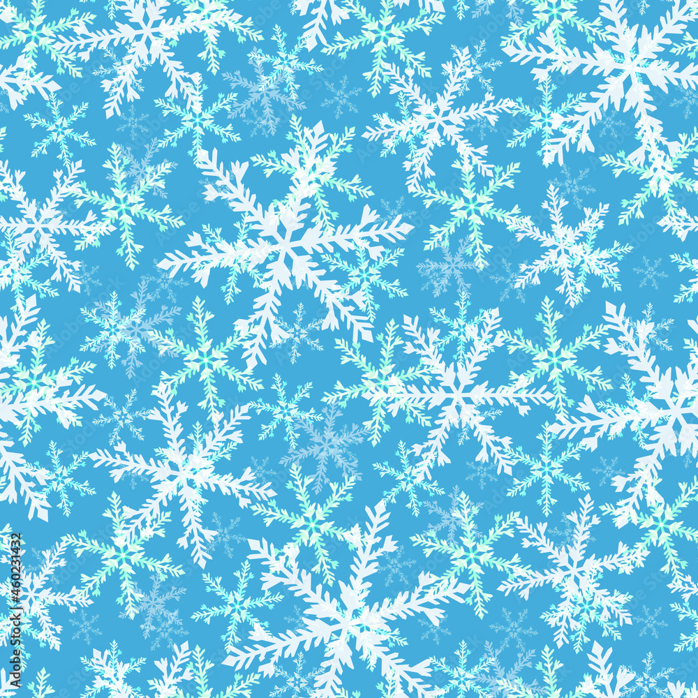 Snowy frosty seamless pattern, snowflakes on a blue background. Snowy frosty seamless pattern, snowflakes on a blue background.