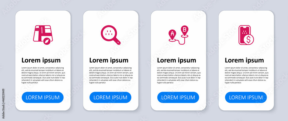 Obraz premium Set Mobile banking, Route location, Search taxi and Location car. Business infographic template. Vector