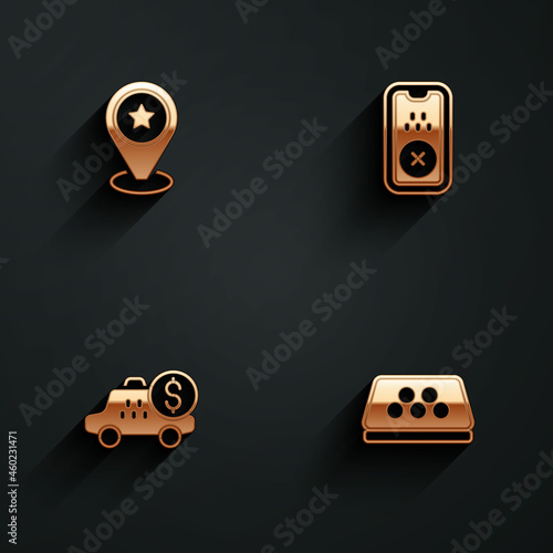 Set Location with star, Taxi mobile app, Taximeter device and car roof icon with long shadow. Vector