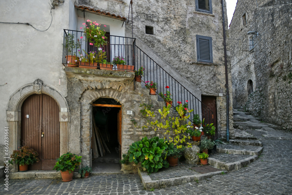 The front of an old house in Carpinone, a rural village in the Molise region of Italy.