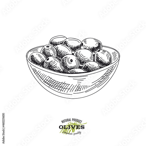 Bowl with beautiful olives, hand drawn retro vector illustration.