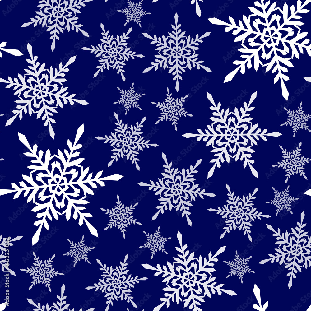White snowflakes on a blue background, seamless winter Christmas pattern, night snowfall print. White snowflakes on a blue background, seamless winter Christmas pattern, night snowfall print.