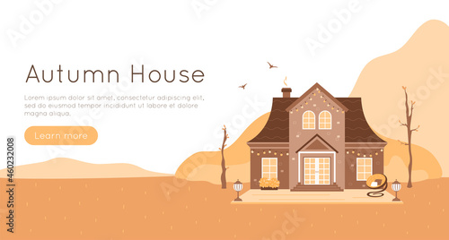 Autumn house with terrace, lounge chair, lights, yellow leaves. Fall landscape, banner concept with copy space. Cozy home with patio on nature, warm vector illustration.