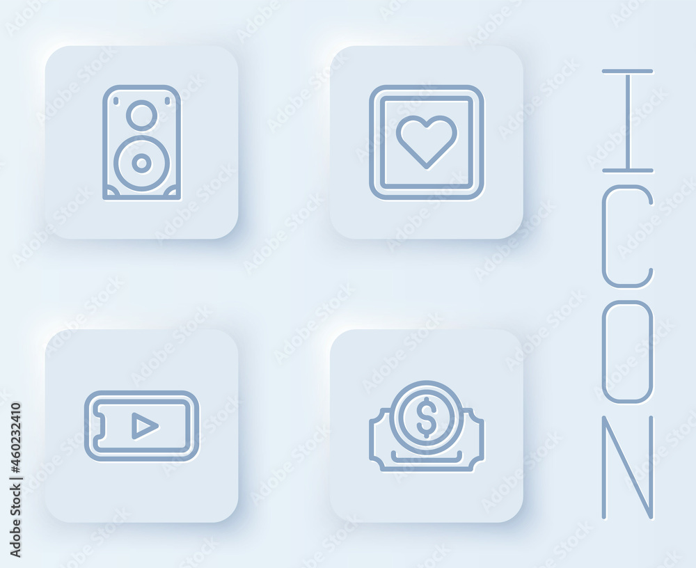Set line Stereo speaker, Like heart, Online play video and Cinema ticket. White square button. Vector Set line Stereo speaker, Like heart, Online play video and Cinema ticket. White square button. Vector