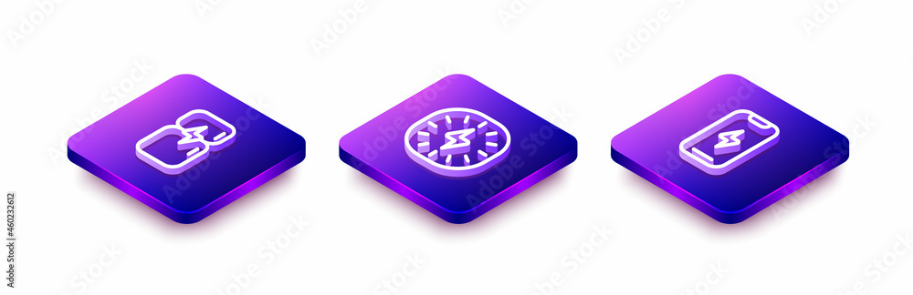Set Isometric line Refrigerator, Lightning bolt and Mobile phone icon. Vector Set Isometric line Refrigerator, Lightning bolt and Mobile phone icon. Vector