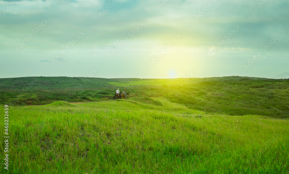two people riding in the field, Two peasants riding in the field with copy space two people riding in the field, Two peasants riding in the field with copy space