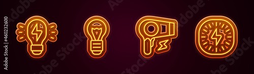 Set line Creative lamp light idea, Hair dryer and Lightning bolt. Glowing neon icon. Vector