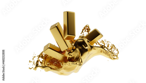 falling gold bars and gold splash . 3D rendering