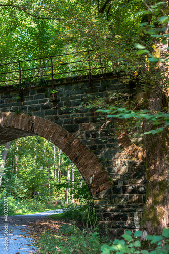 Old stone railway bridge with moss surrounded by trees