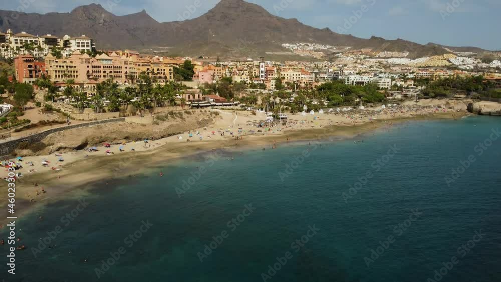 Beautiful Panoramic View With Blue Sea At Seaside In Los Cristiano South Of Tenerife Drone Shot Mediterranean Beautiful Panoramic View With Blue Sea At Seaside In Los Cristiano South Of Tenerife Drone Shot Mediterranean