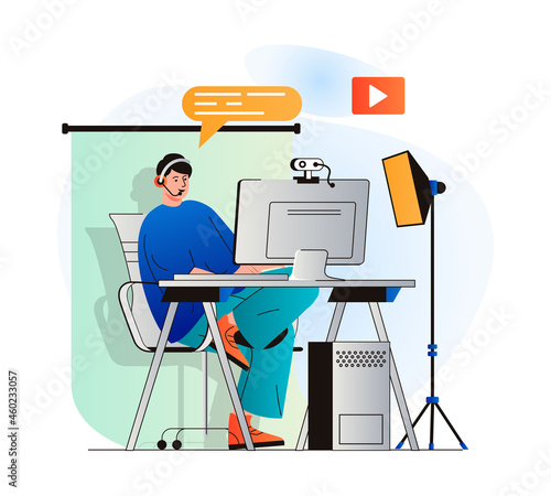 Video blogging concept in modern flat design. Blogger records video clip in home studio or live broadcasting for followers on computer. Digital content creation, channel promotion. Vector illustration