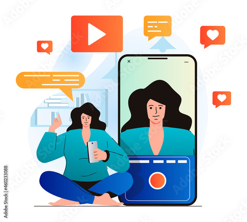 Video blogging concept in modern flat design. Woman recording video clip at mobile phone camera at home. Digital content creation, channel development and online promotion. Vector illustration