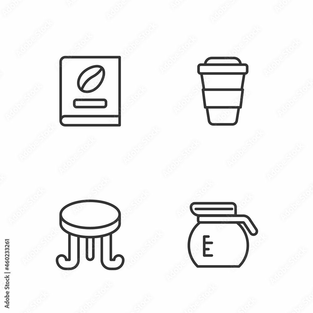 Set line Coffee pot, table, book and cup to go icon. Vector Set line Coffee pot, table, book and cup to go icon. Vector