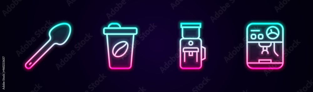 Set line Teaspoon, Coffee cup to go, Electric coffee grinder and machine. Glowing neon icon. Vector Set line Teaspoon, Coffee cup to go, Electric coffee grinder and machine. Glowing neon icon. Vector