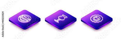 Set Isometric line Sausage, Glass of beer and Bottle opener icon. Vector